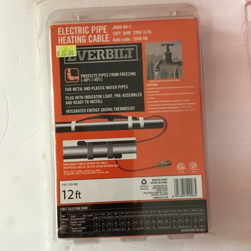 🔥🔥NEW EVERBILT 12 Foot Electric Pipe Heating Cable NIB