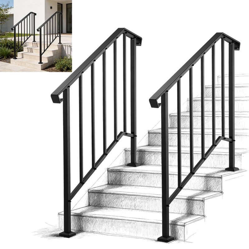 3-4 Steps Handrail Outdoor Stair Railing for Porch Deck Black Retro Arch 2PCS