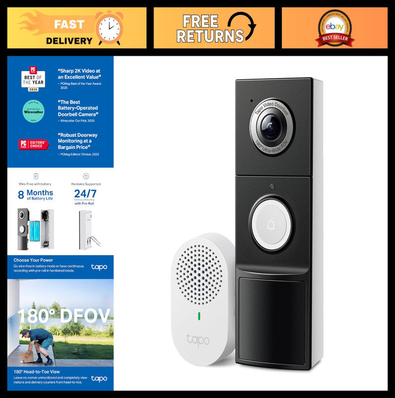 2K+ Smart Video Doorbell – Wired/Battery, 180° View, Motion Detection, 2-Way Aud