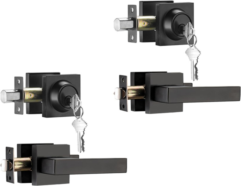 2 Pack Front Door Locksets with Deadbolt, Black Door Handles, Combination Door L