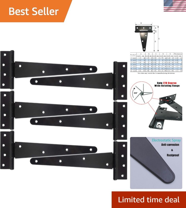 Rustproof T Strap Hinge Set - 6 Heavy-Duty 10-Inch Hinges for Fences