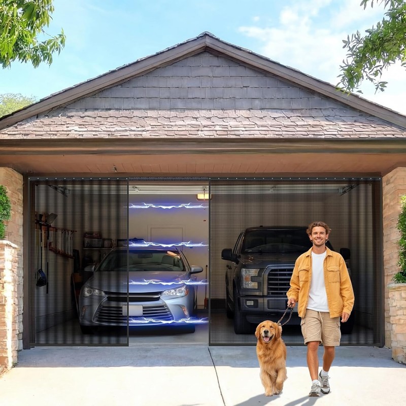 Sliding Garage Door Screen Retractable 2 Car with Track Closure 16 X 7 Ft Black