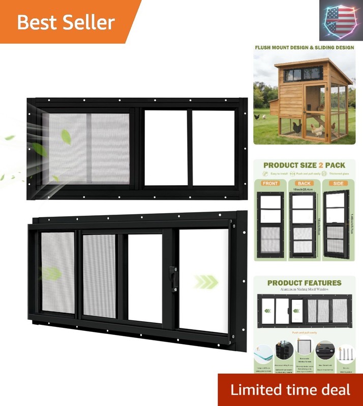 2 Pack Shed Windows, 10″x 18″ Black Sliding Window Suitable for Chicken Coop,…
