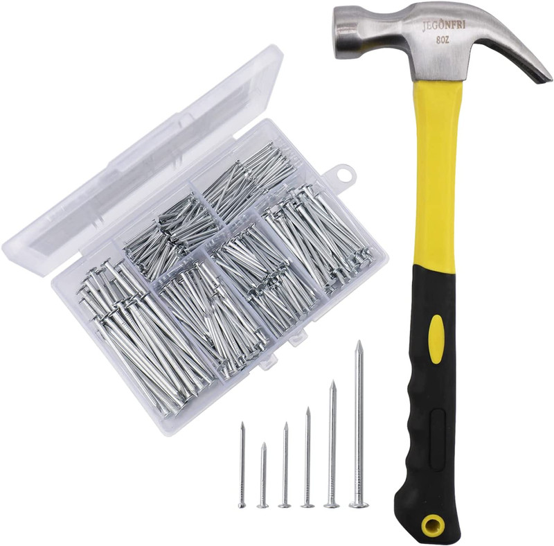 376Pcs Hardware Assortment Kit with 2″ Nails & 8Oz Claw Hammer for Hanging Pictu