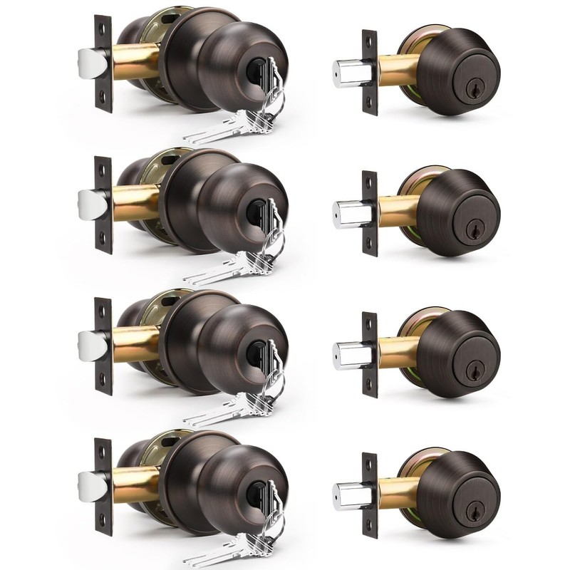 Brotima 4 Pack Entry Door Locksets with Single Cylinder Deadbolt, Oil Rubbed