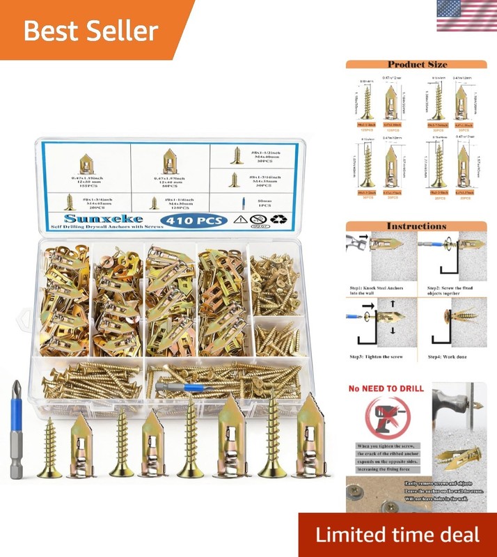 Ultimate 410 PCS Drywall Anchor Kit – No Drill Needed, Holds 66LB Securely