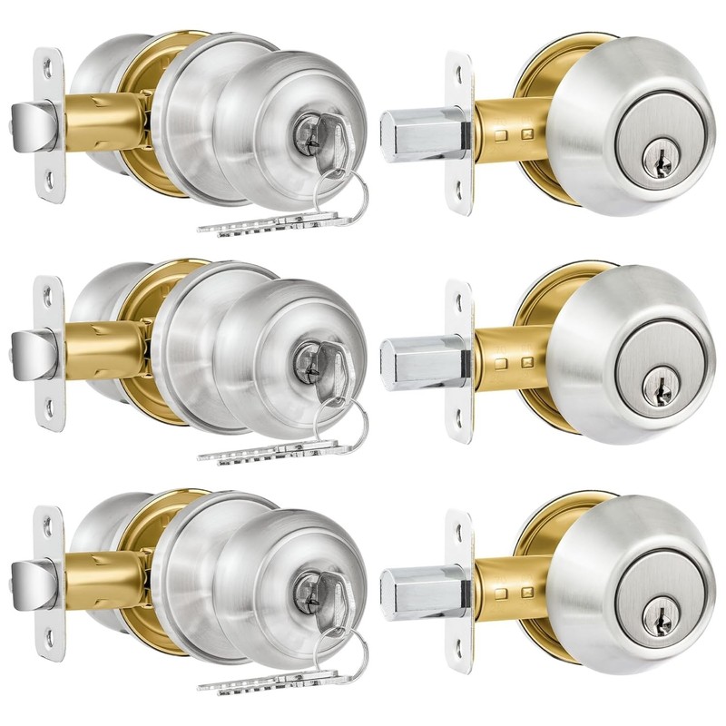 Entry Door Lock Set Combo Satin Finish Keyed Alike Locks 3 Pack Single