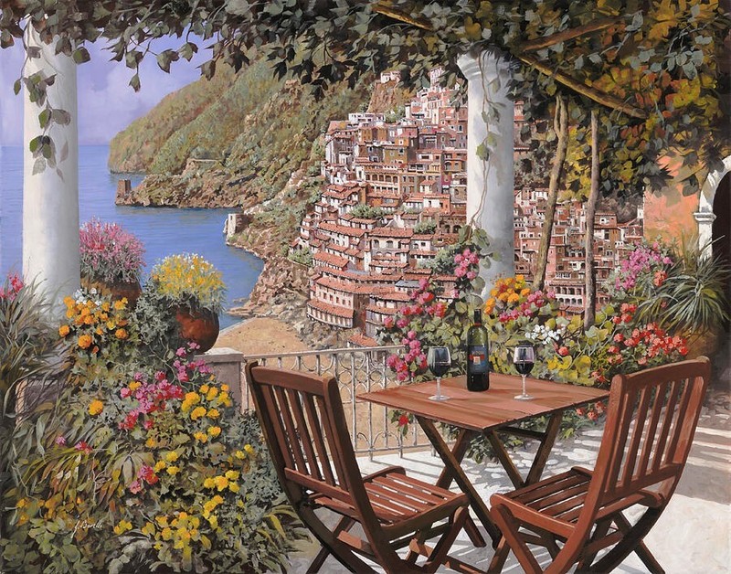 ceramic tile mural backsplash. aperitivo a Positano terrace Mediterranean sea.