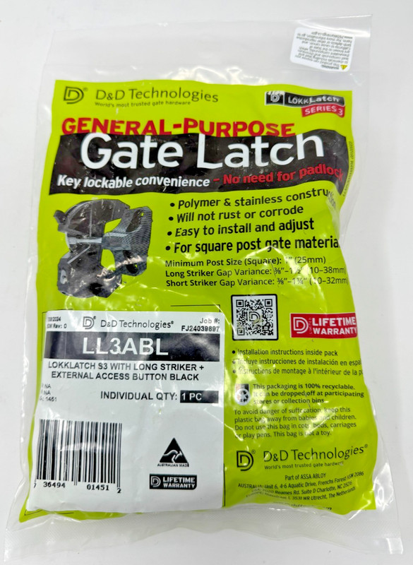 LL3ABL LokkLatch Series 3 with External Access Button & Long Striker – Black