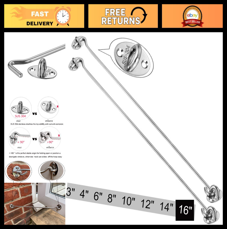 Stainless Steel Cabin Hook Latch Set – 2PCS 16″ Silent Door Gate Window Holder