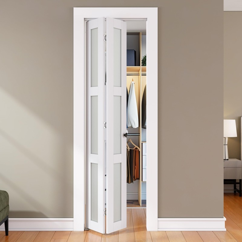 Bifold Door, for 24″x 80″ Opening,Tempered Frosted Glass Closet Folding Barn …