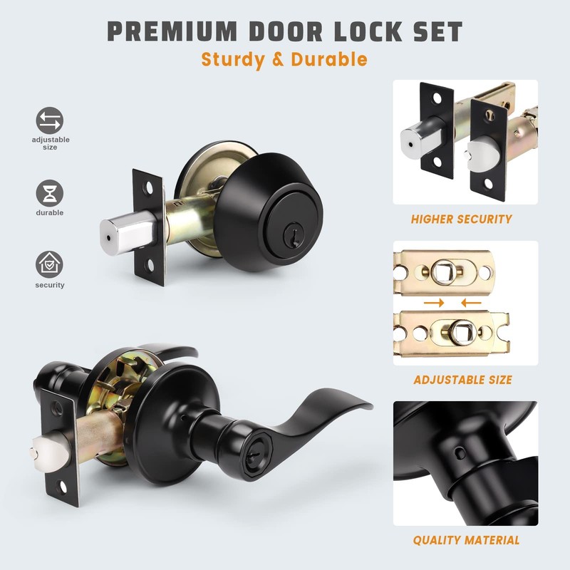 KNOBWELL 3 Pack Exterior Door Lock Set w/Deadbolt Front Entry Lever Keyed Alike gallery