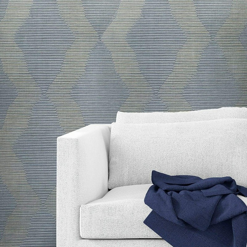 Textured Wallpaper Blue Gray Gold Diamond Stripes pattern Faux grasscloth Lines