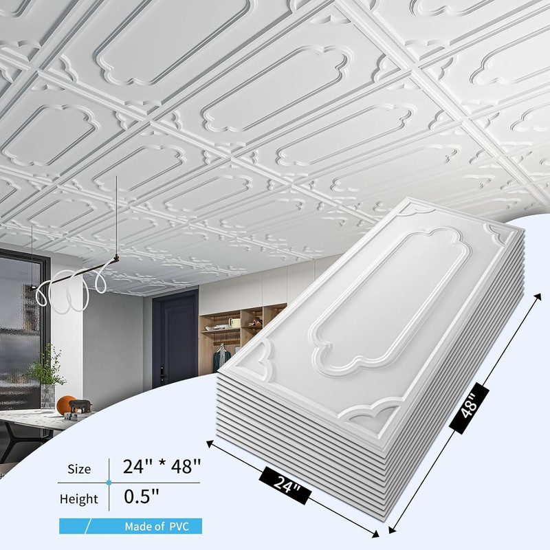 12-Pack 2x4 Ft PVC Ceiling Tiles for Basement, Bathroom & Kitchen - White gallery