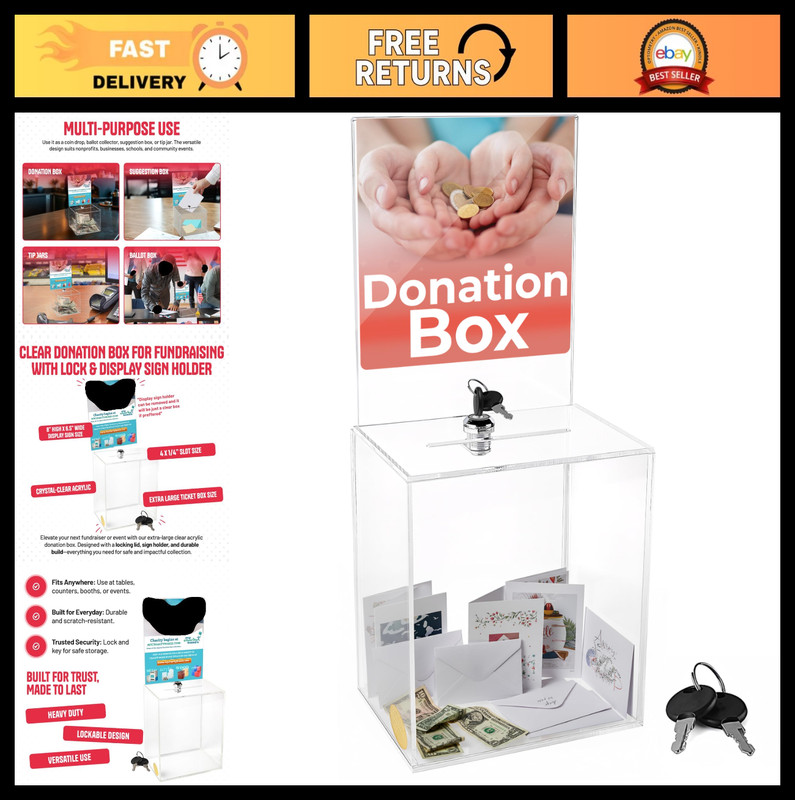Extra Large Clear Donation Box 16″x8″x6″ with Lock & Sign Holder – Fundraising,