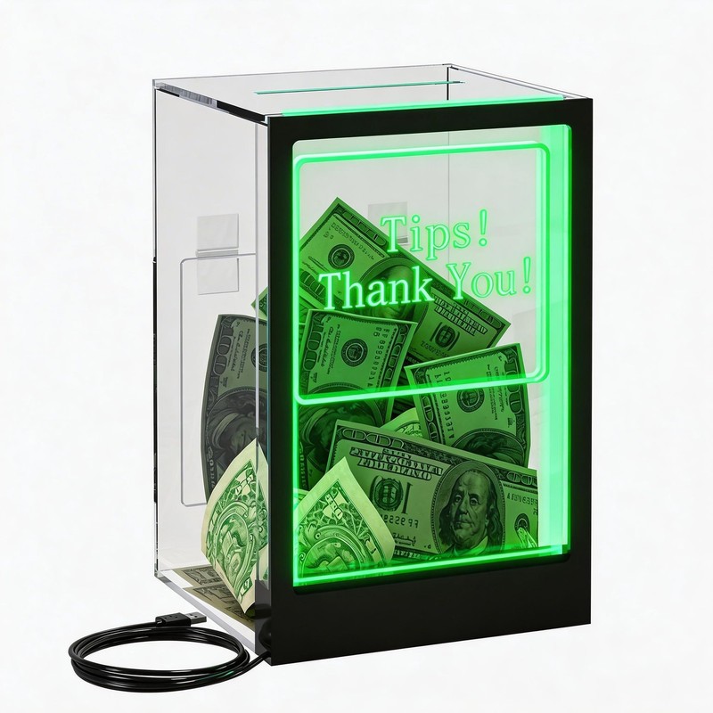 Light Up Tip Jar with LED Lights, Remote, Lockable Donation Box with Signs