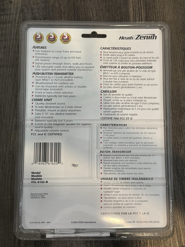 Heath Zenith Wireless Battery Operated Door Chime Kit SL6162-B NEW Nos gallery
