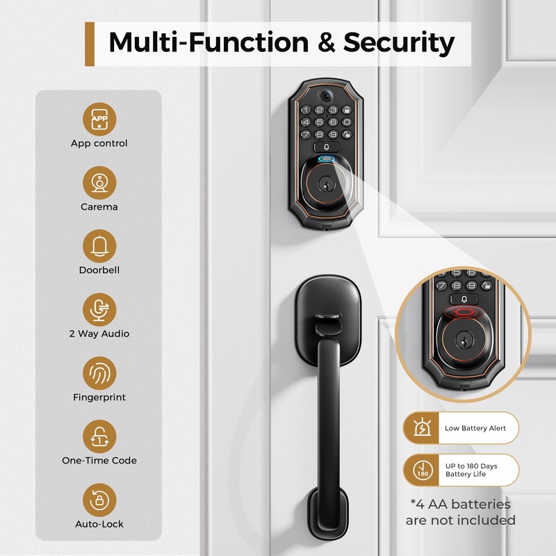 ARPHA Keyless Entry Fingerprint Door Lock WiFi APP Video Camera Doorbell+Knobs gallery