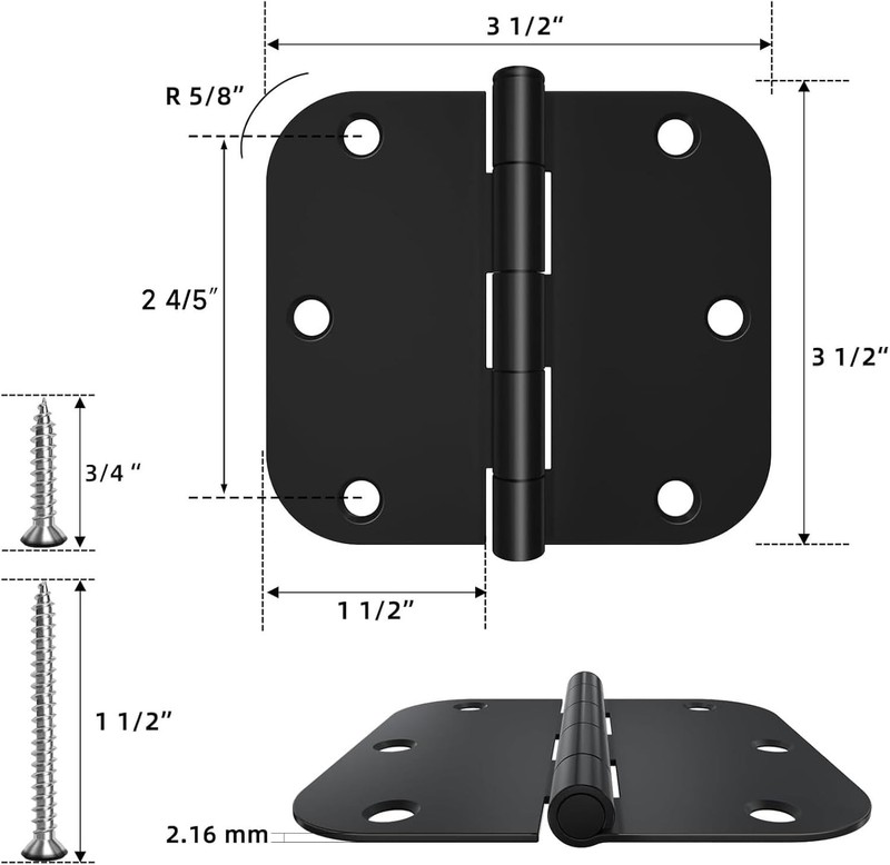 Door Hinges 3 Pack Rounded Matte Black Door Hinge 3.5 x 3.5 inch with 5/8 Rad... gallery