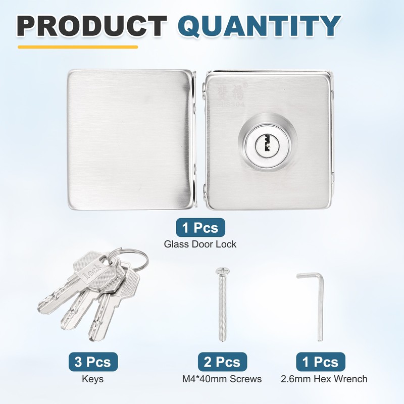 Glass Door Lock Square Double Swing Internal Lockable with 3 Keys, Silver gallery