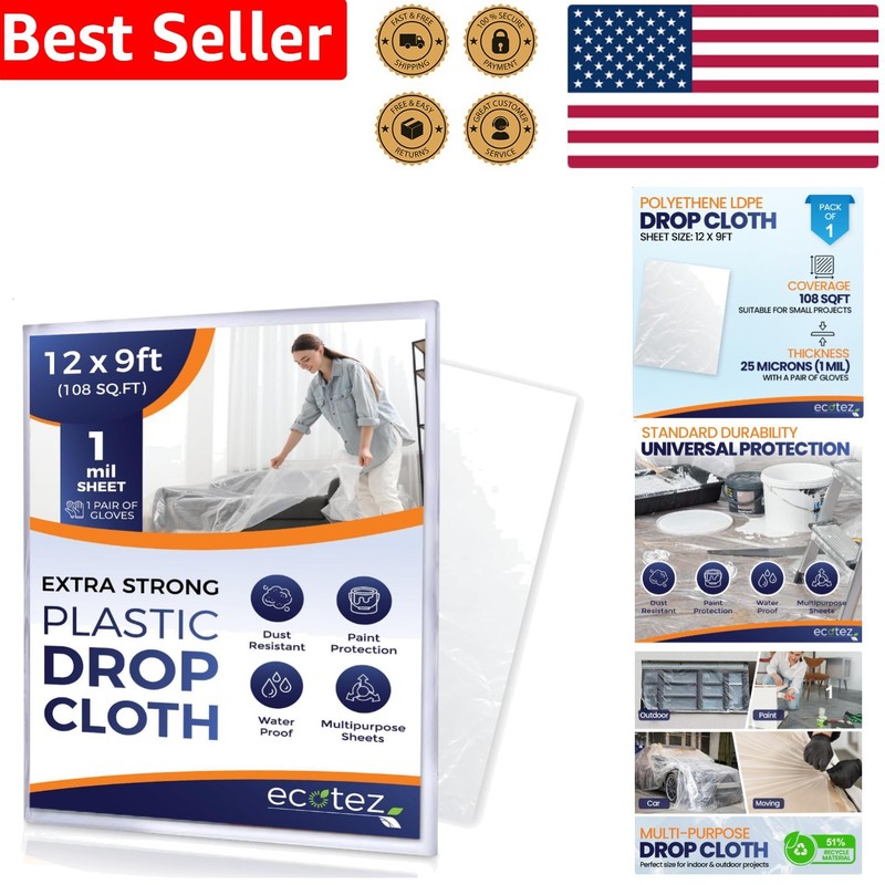Plastic Drop Cloth 12x9ft Extra Large Clear LDPE Waterproof Painting Floor Fu...