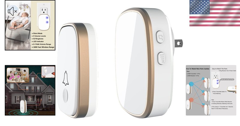Versatile Wireless Doorbell - 5 Volume Levels, 1000ft Range & LED Alerts gallery