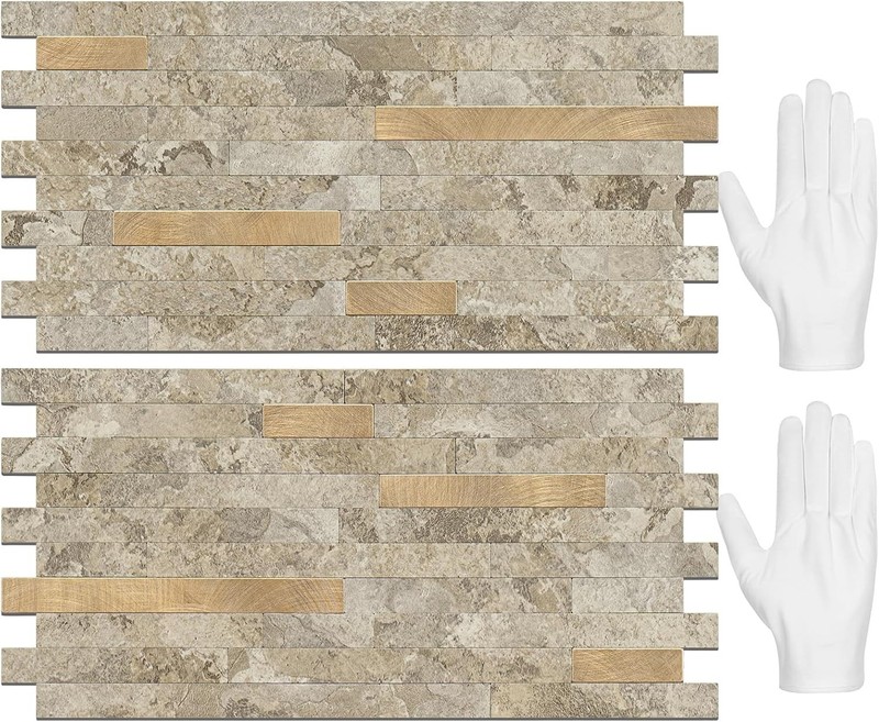 Sheets Peel and Stick Backsplash Tile, Stick on 20 Stone Beige + Metal Gold