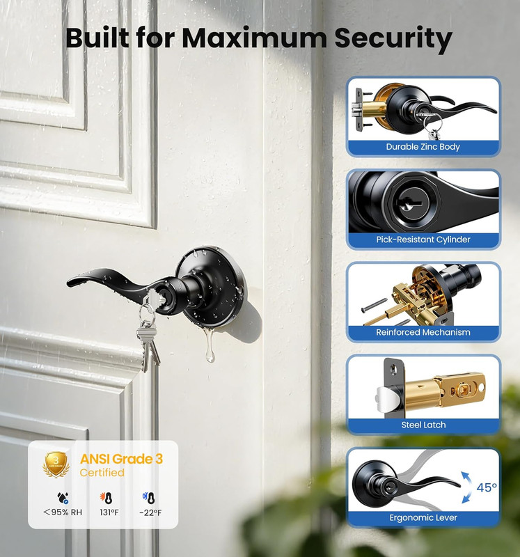 2 Pack Keyed Entry Door Lever, Same Key Wave Handle Lock for Exterior & Interior gallery
