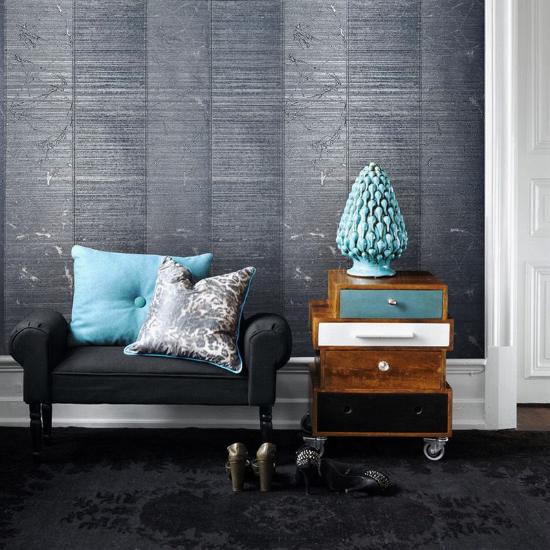 Wallpaper roll Gray Blue Metallic Textured Striped Modern stripes Wall coverings