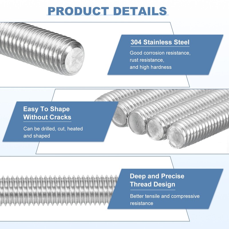 2Pcs M4-0.7x180mm Fully Threaded Rods, 304 Stainless Steel Thread Bar Studs gallery