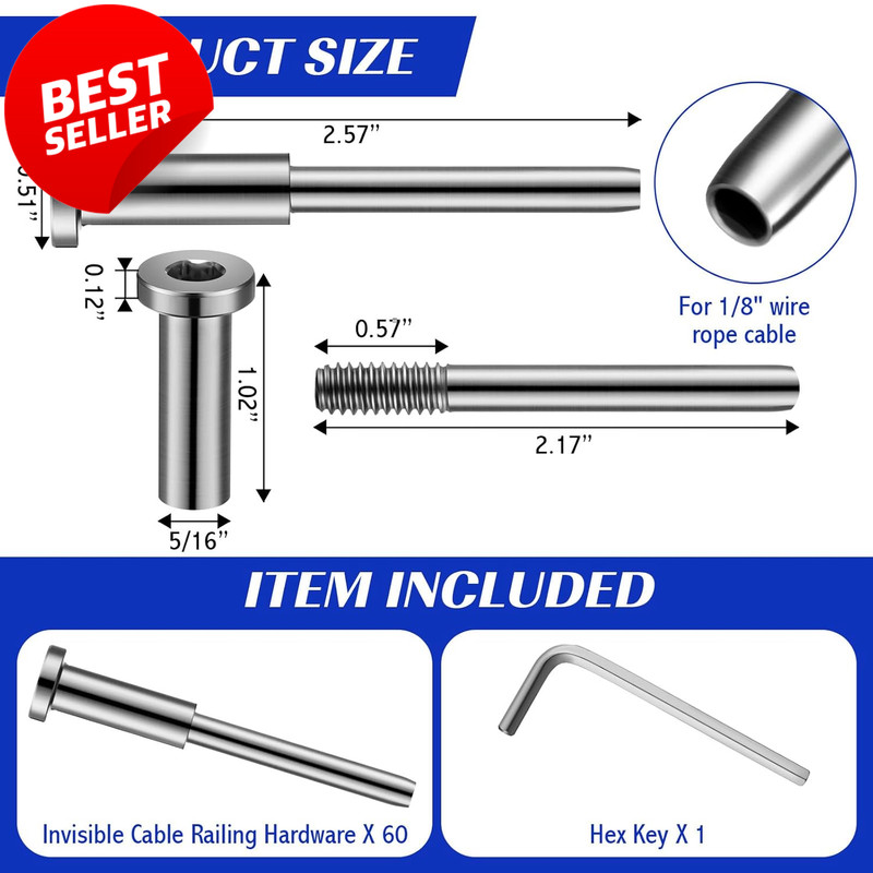 Cable Railing Kit 1/8" T316 Stainless Invisible Receiver Swage Stud 60 Pack - US gallery