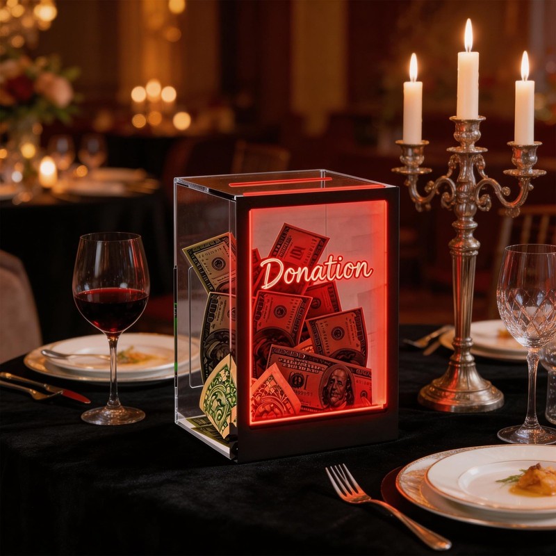 Light Up Tip Jar with LED Lights, Remote, Lockable Donation Box with Signs gallery