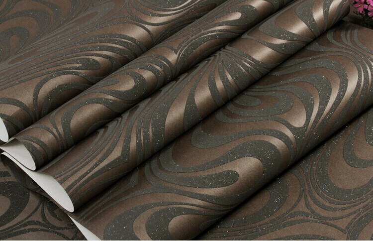 3D Abstract Curve Luxury Flocking Striped Wallpaper Roll Black&Brown 57sq.ft gallery