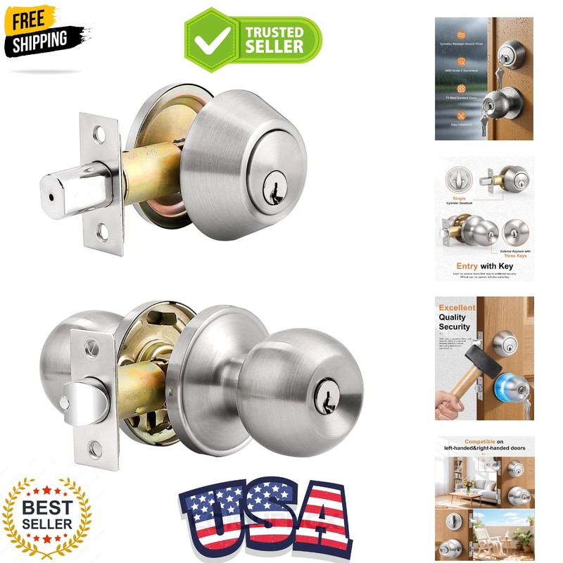 Entry Door Knob with Single Cylinder Deadbolt Set Brushed Nickel Entry Door L…