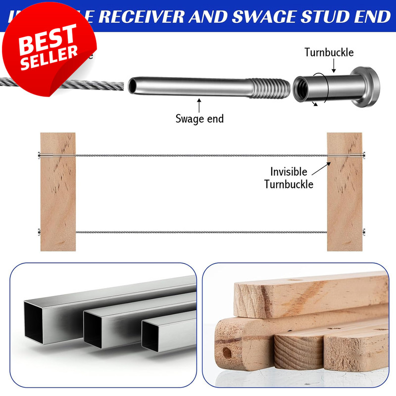 Cable Railing Kit 1/8" T316 Stainless Invisible Receiver Swage Stud 60 Pack - US gallery