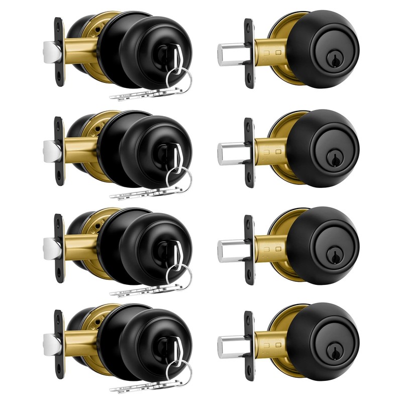 4 Pack Front Door Lock Set,Matte Black Exterior Door Lock Set with Deadbolt,S...