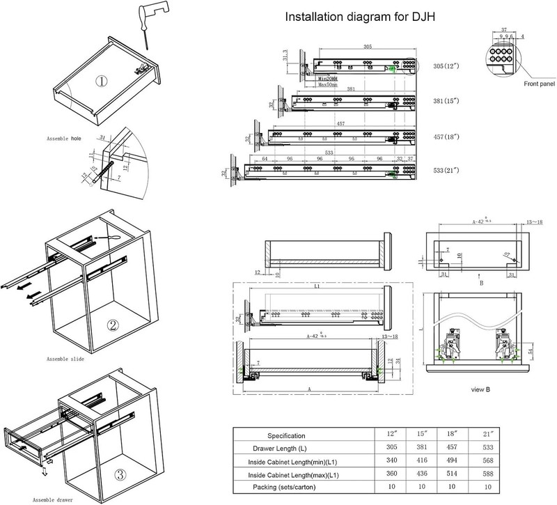Full Extension 21" Undermount Drawer Slides 6 Pairs, Soft Close, Steel, 85lb gallery