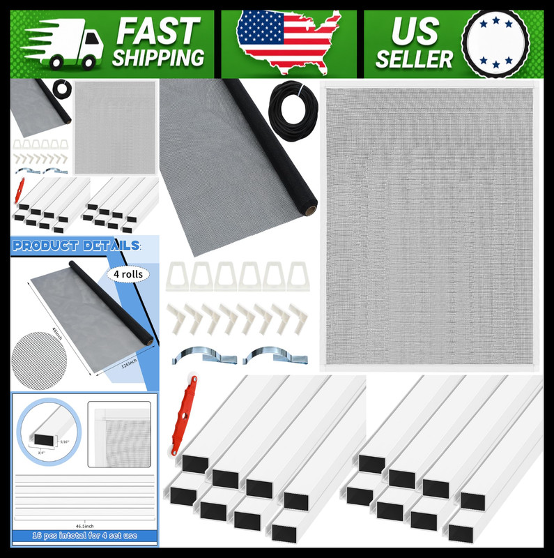 4 Pack Aluminum Window Screen Kit with Mesh, Corners, Spline & Tool