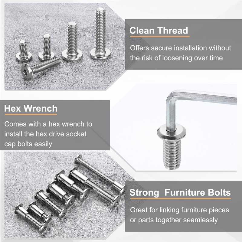 10 Set M6x70mm Hex Drive Socket Cap Bolt M6x12mm Nuts with M4 Hex Wrench Silver gallery