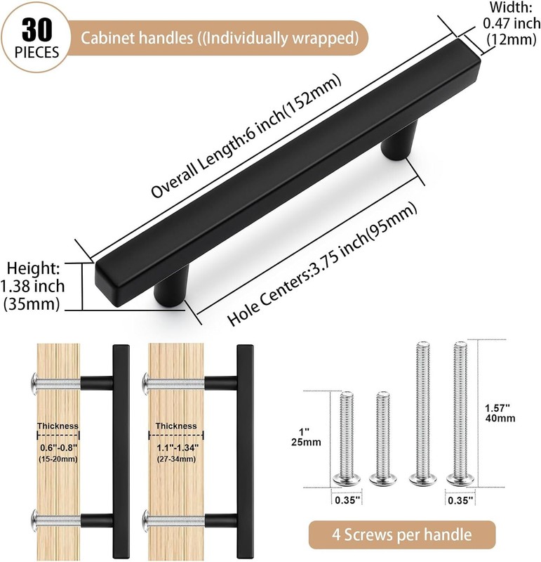 30 Pack 6 Inch Square Kitchen Cabinet Handles Black Cabinet Pulls Black Drawer.. gallery