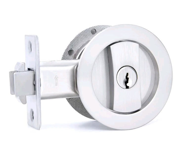 Dontay Round Pocket Door Lock w/Keys Brushed Nickel Pull And Hardware Included