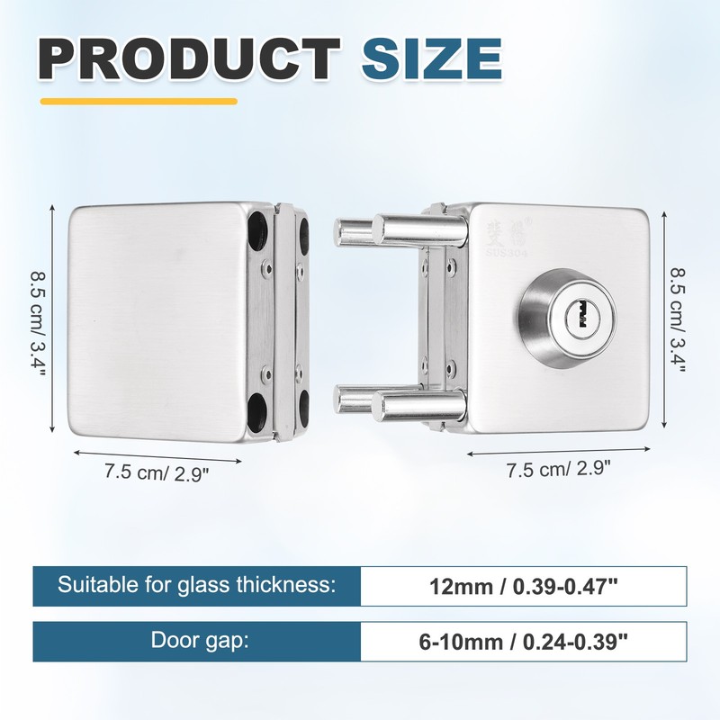 Glass Door Lock Square Double Swing Internal Lockable with 3 Keys, Silver gallery