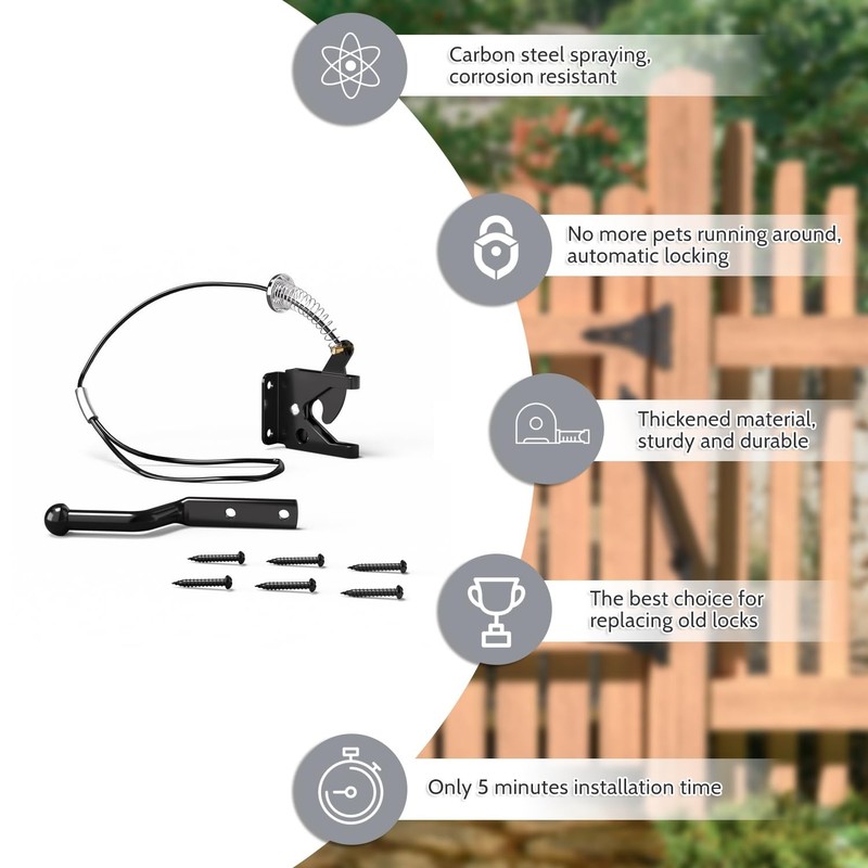 Heavy Duty Gate Latch, Spring Cable Pull, Black, for Fence or Wooden Door gallery