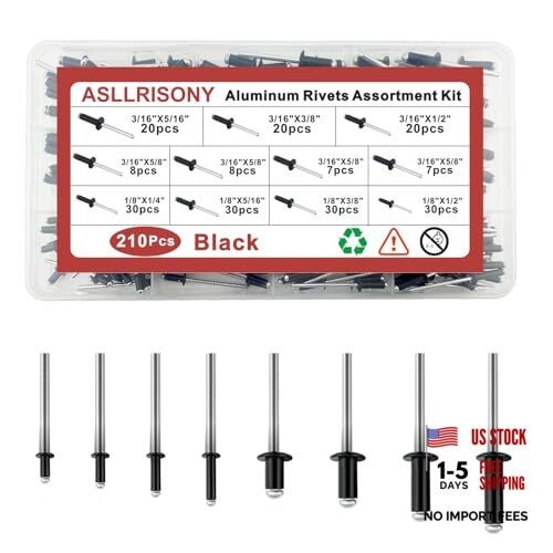 210Pcs Pop Rivets Assortment Kit, 8 Sizes Aluminum 3/16 Inches,1/8 Inches Black