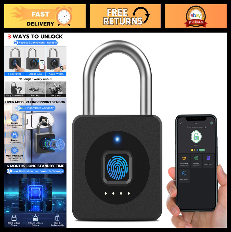 Keyless Biometric Fingerprint Lock – Weatherproof Bluetooth Smart Padlock for Gy