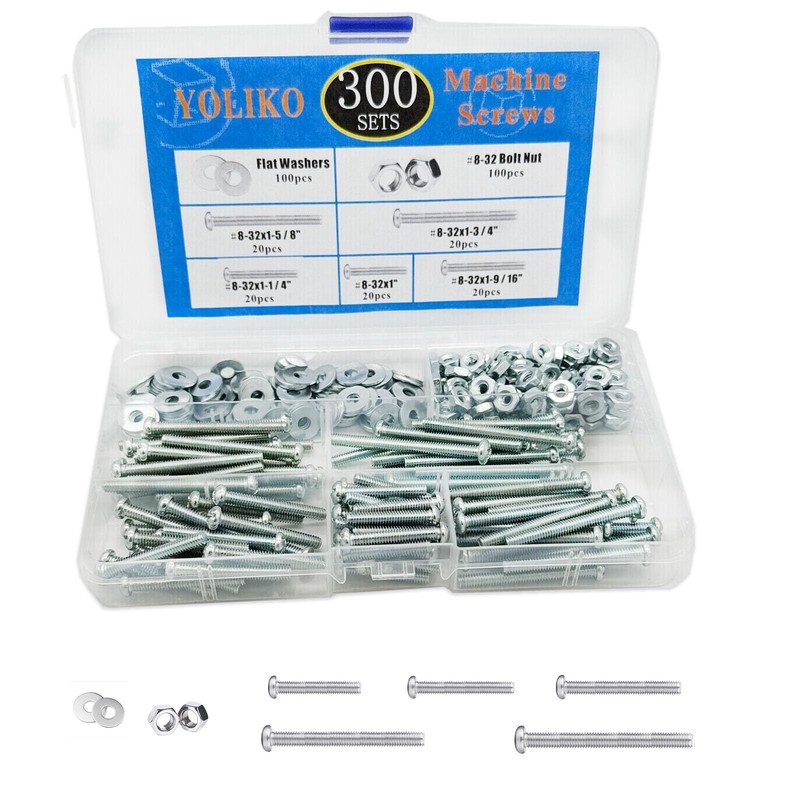 300 Pcs Machine Screws 8/32 Knob/Pull Screws Bolt Nut Flat Washers Assortment...
