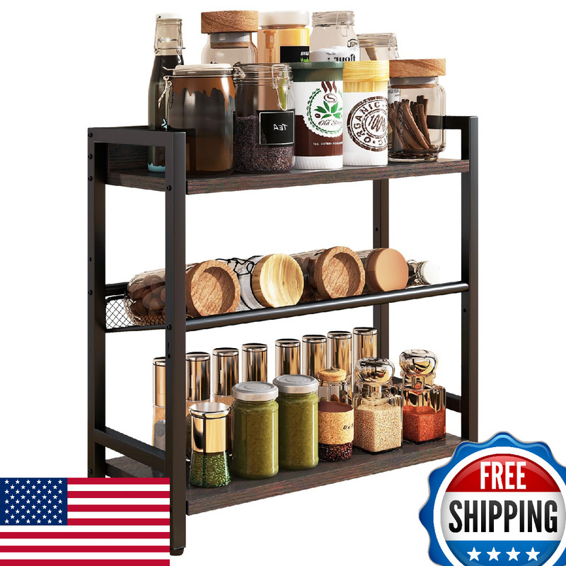 IBUYKE 3-Tier Industrial Countertop Spice Rack & Storage Organizer Shelf