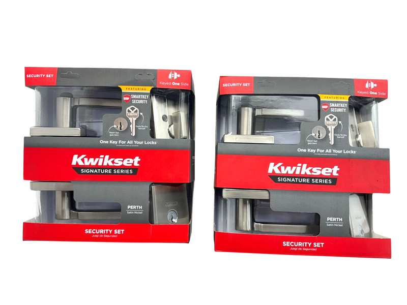 Kwikset Perth Keyed Entry Handle Deadbolt Combo Satin Nickel 99910-092 Lot of 2