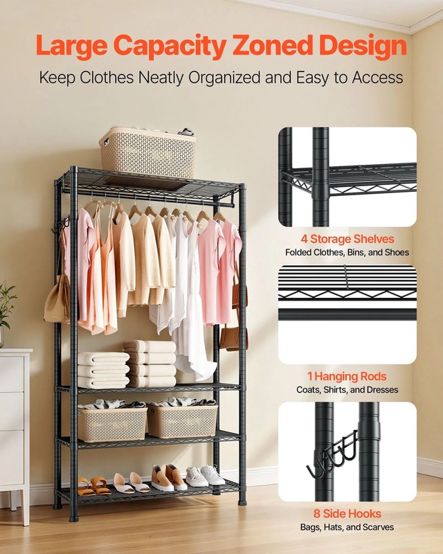 Clothing Garment Rack, Heavy Duty Clothing Garment Rack, 4 Adjustable Tiers Clo