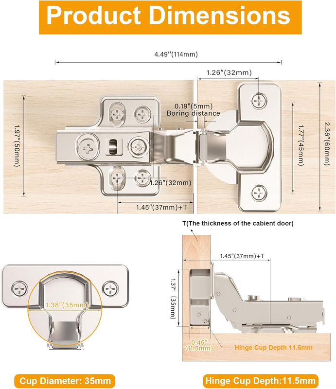 2Pcs Professional Grade Inset Soft Close Cabinet Hinges, Frameless Concealed Eur gallery